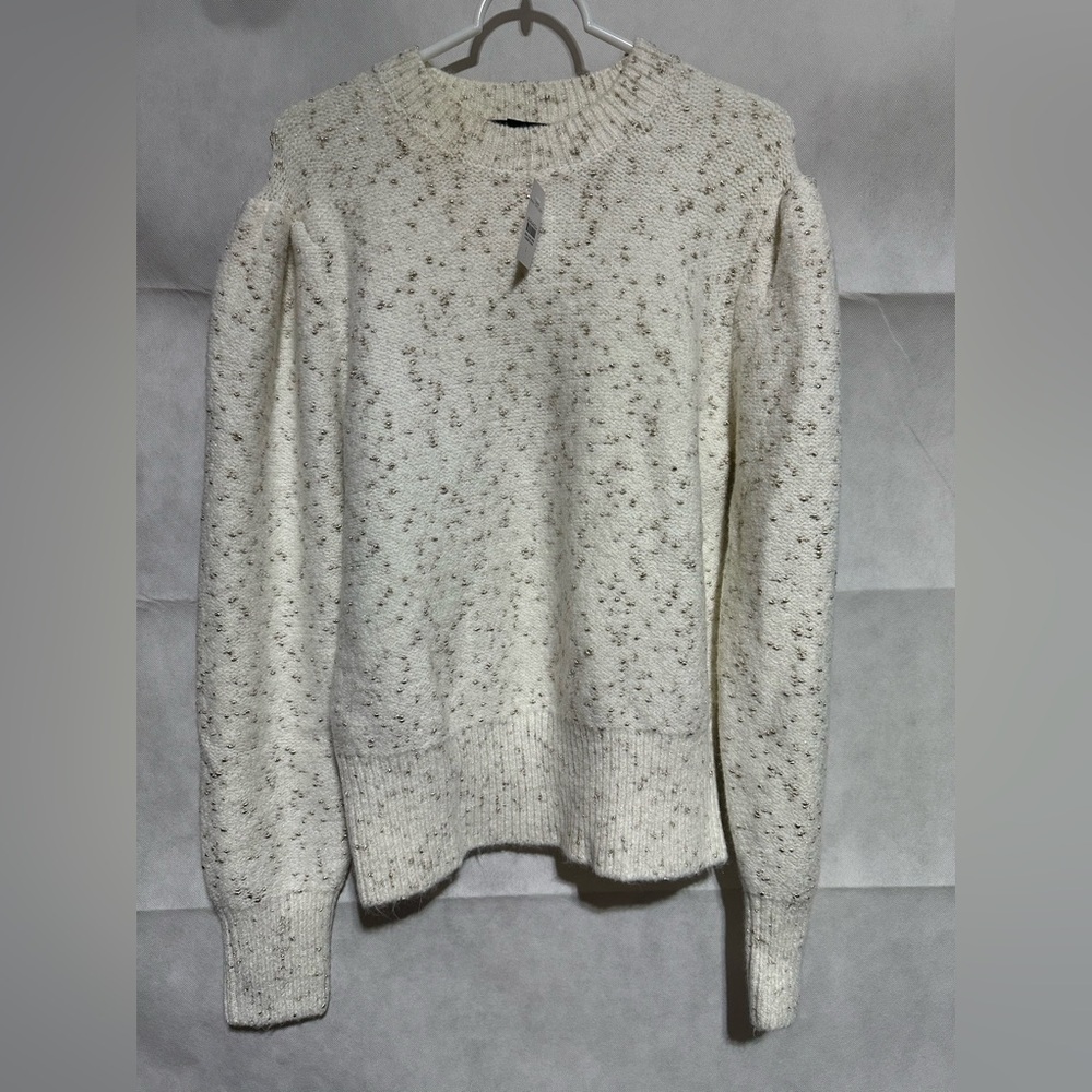 NWT Ann Taylor Cream & Gold Metallic Shimmer Puff Sleeve Sweater Sz Large Party